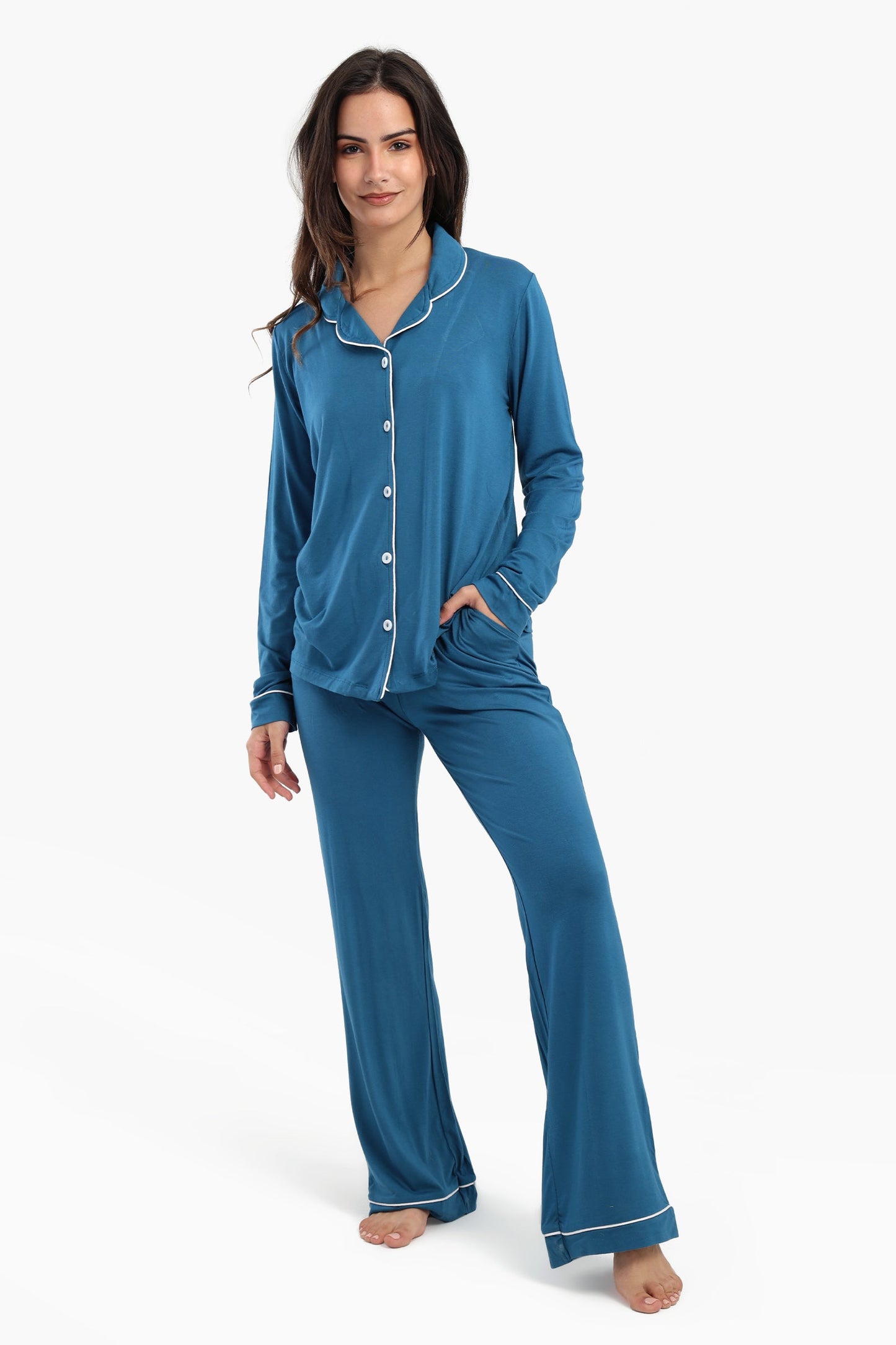 Viscose Contrast Piping Pyjama Set