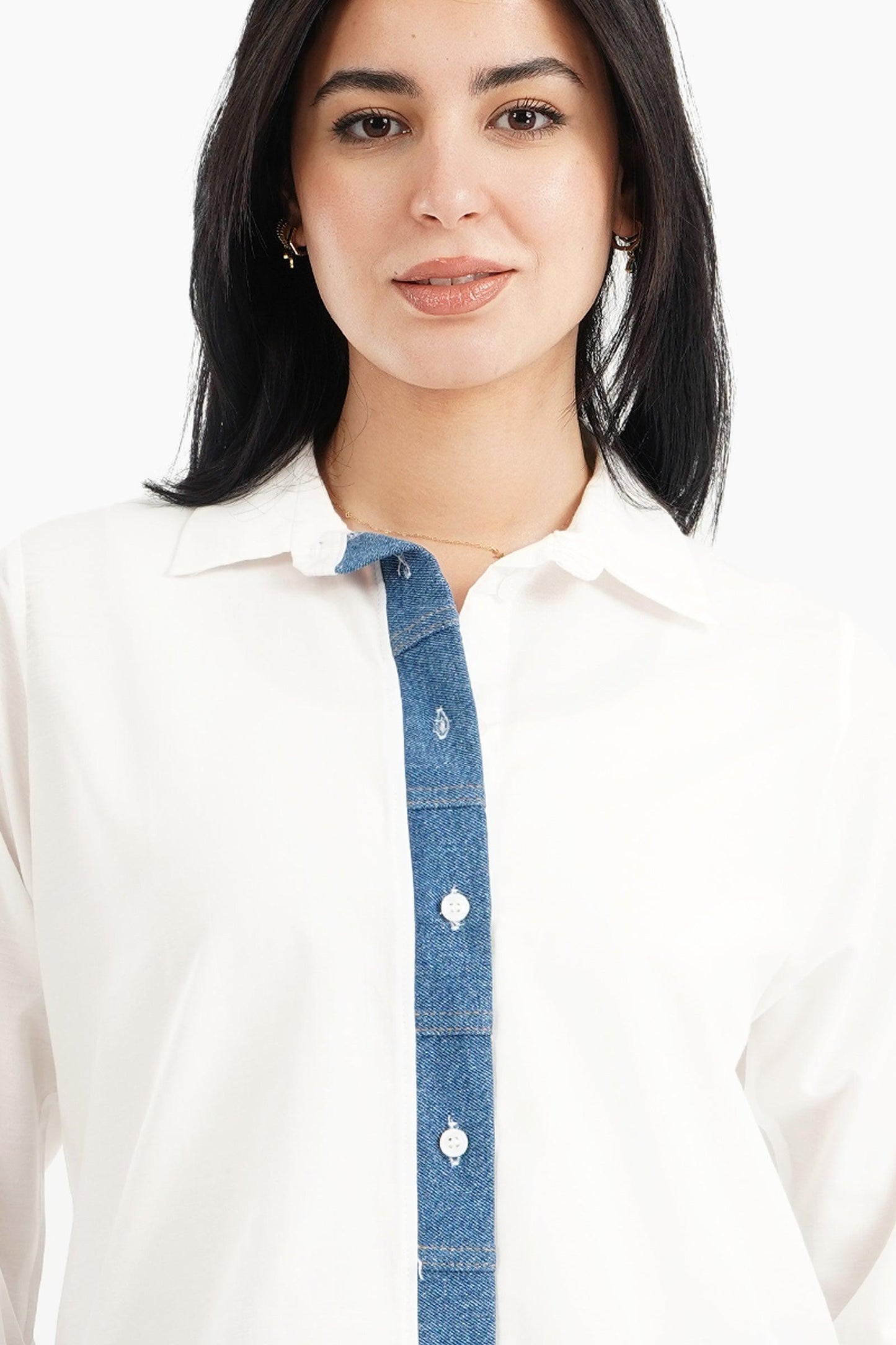 Viscose Shirt with Denim Placket - Carina - كارينا
