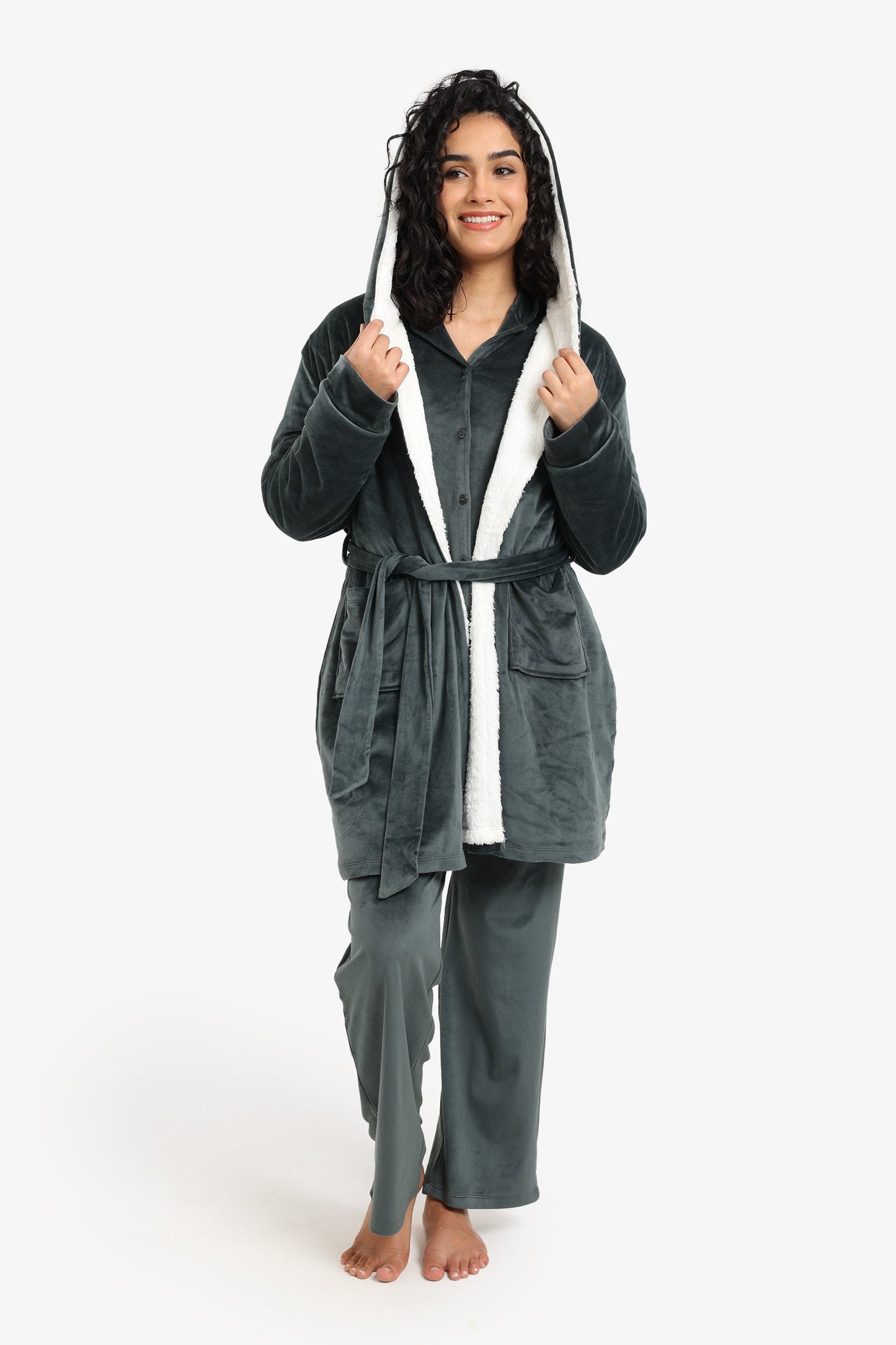 Padded Velvet Hooded Robe