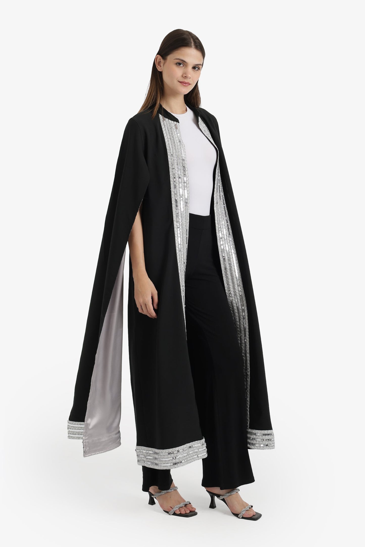 Sequin-Trimmed Cape Kimono
