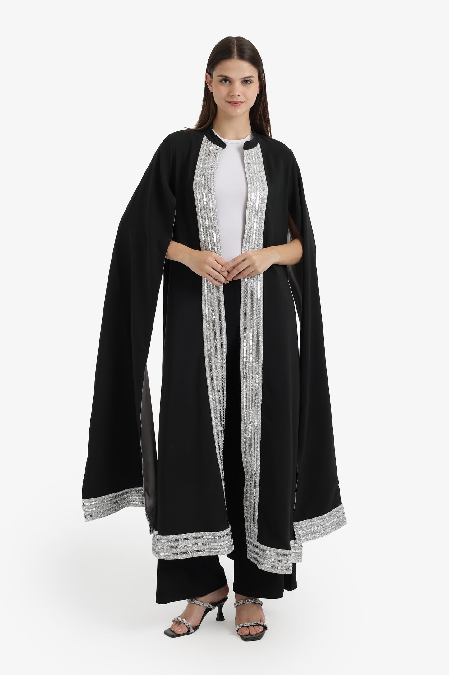 Sequin-Trimmed Cape Kimono