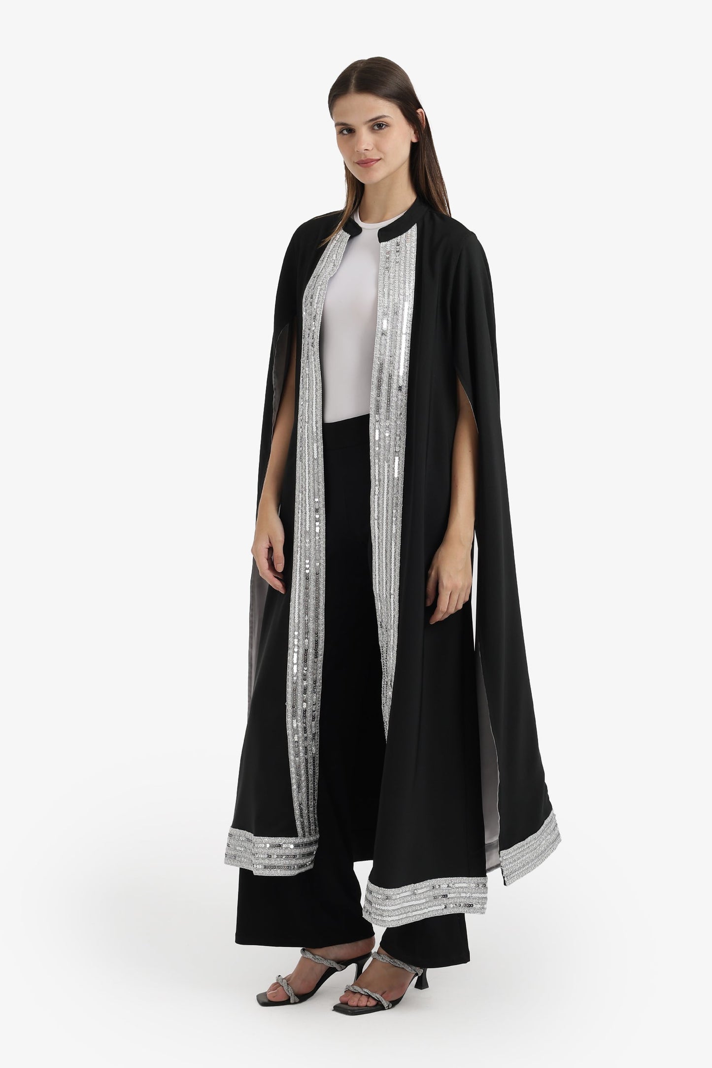Sequin-Trimmed Cape Kimono