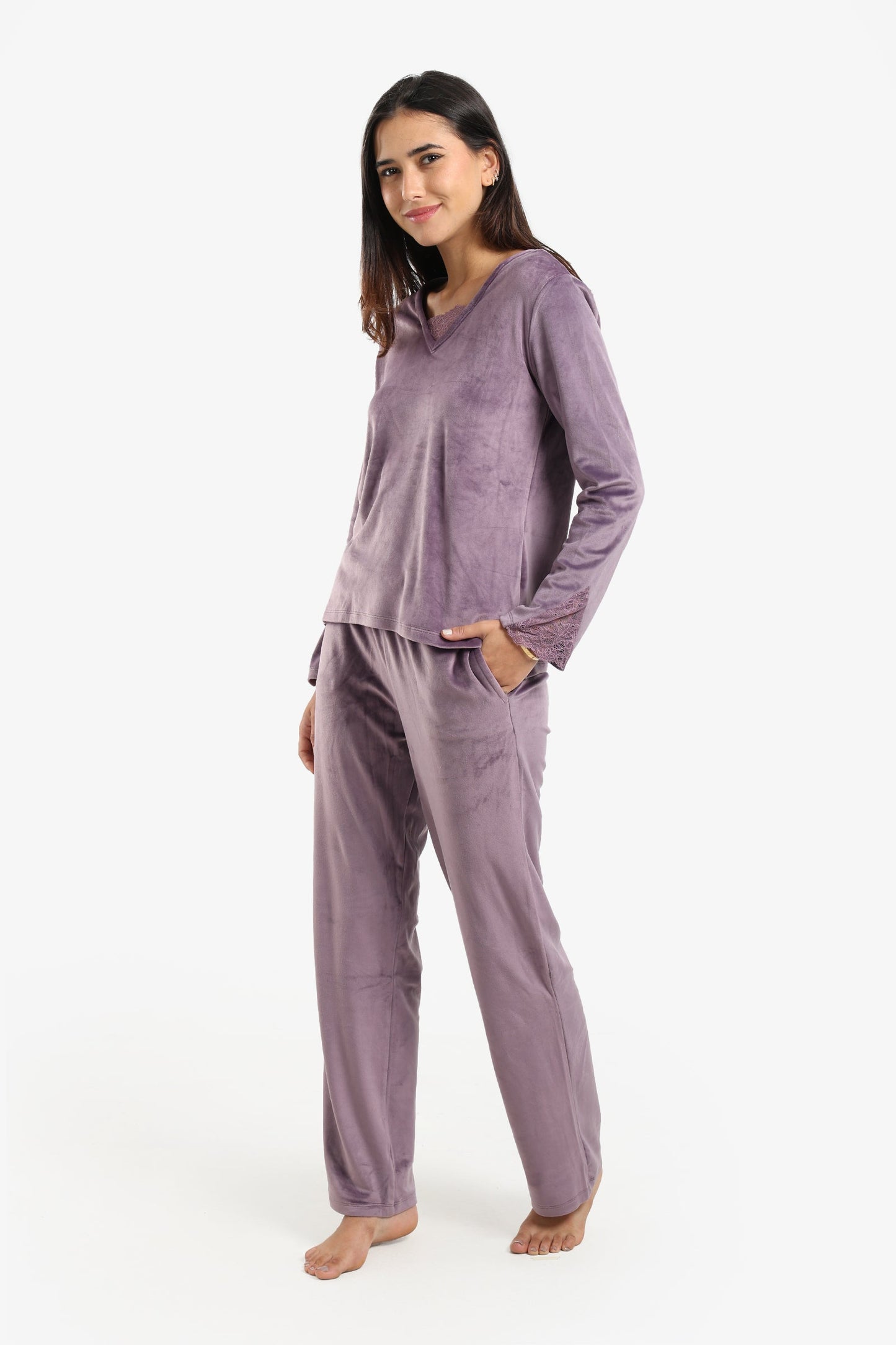 V-Neck with Lace Pyjama Set