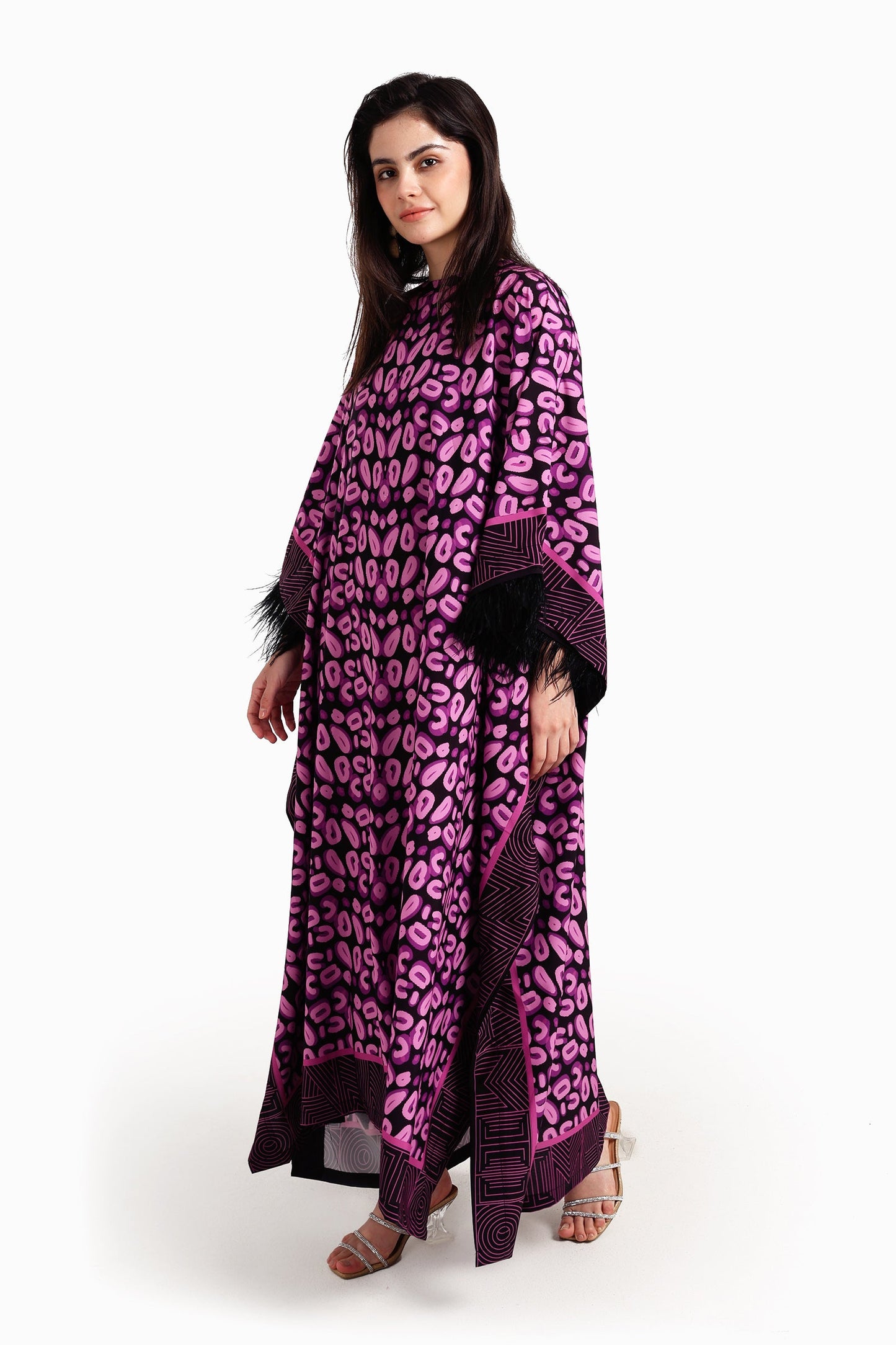 Feather Trimmed Printed Abaya