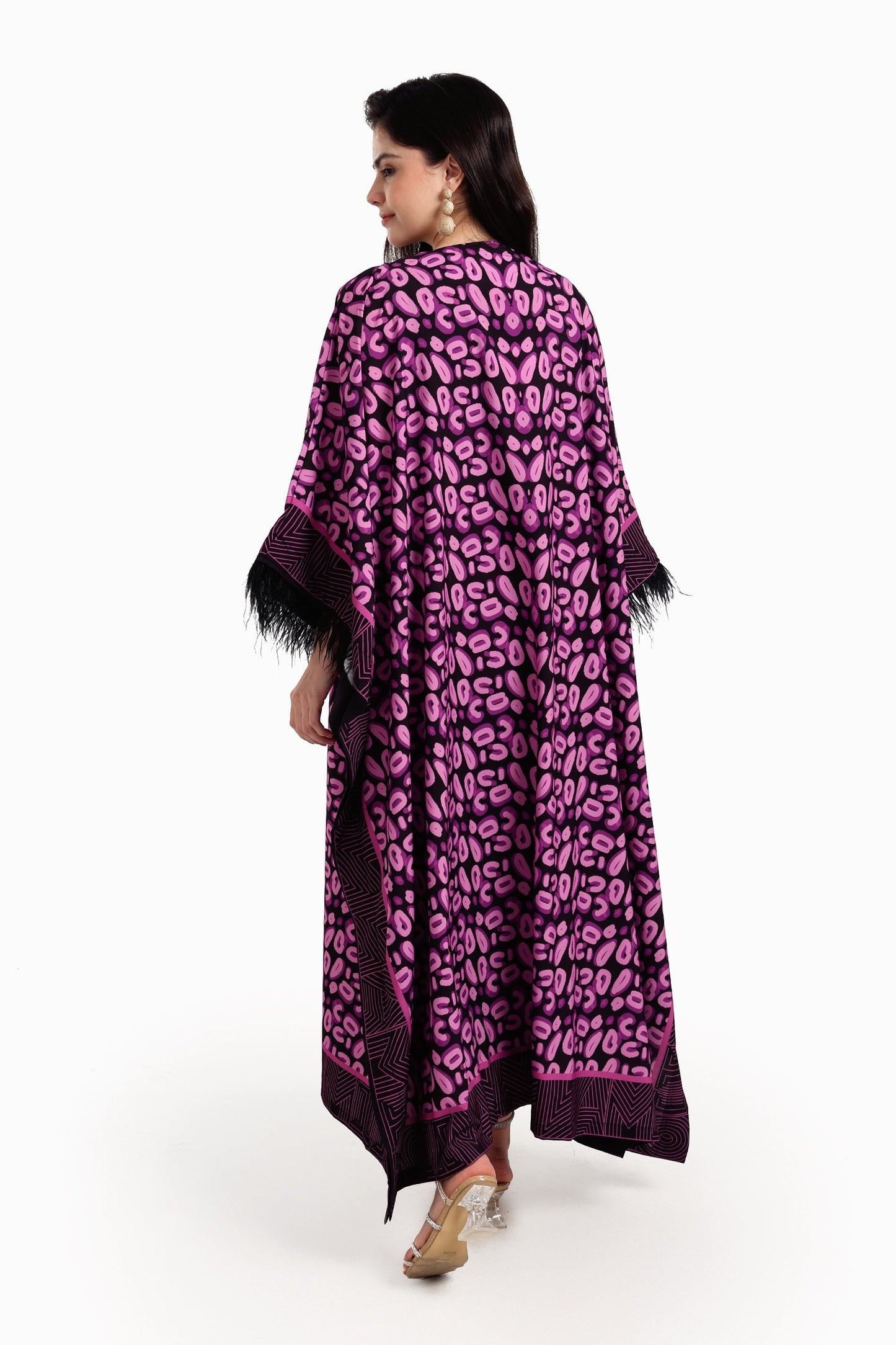 Feather Trimmed Printed Abaya