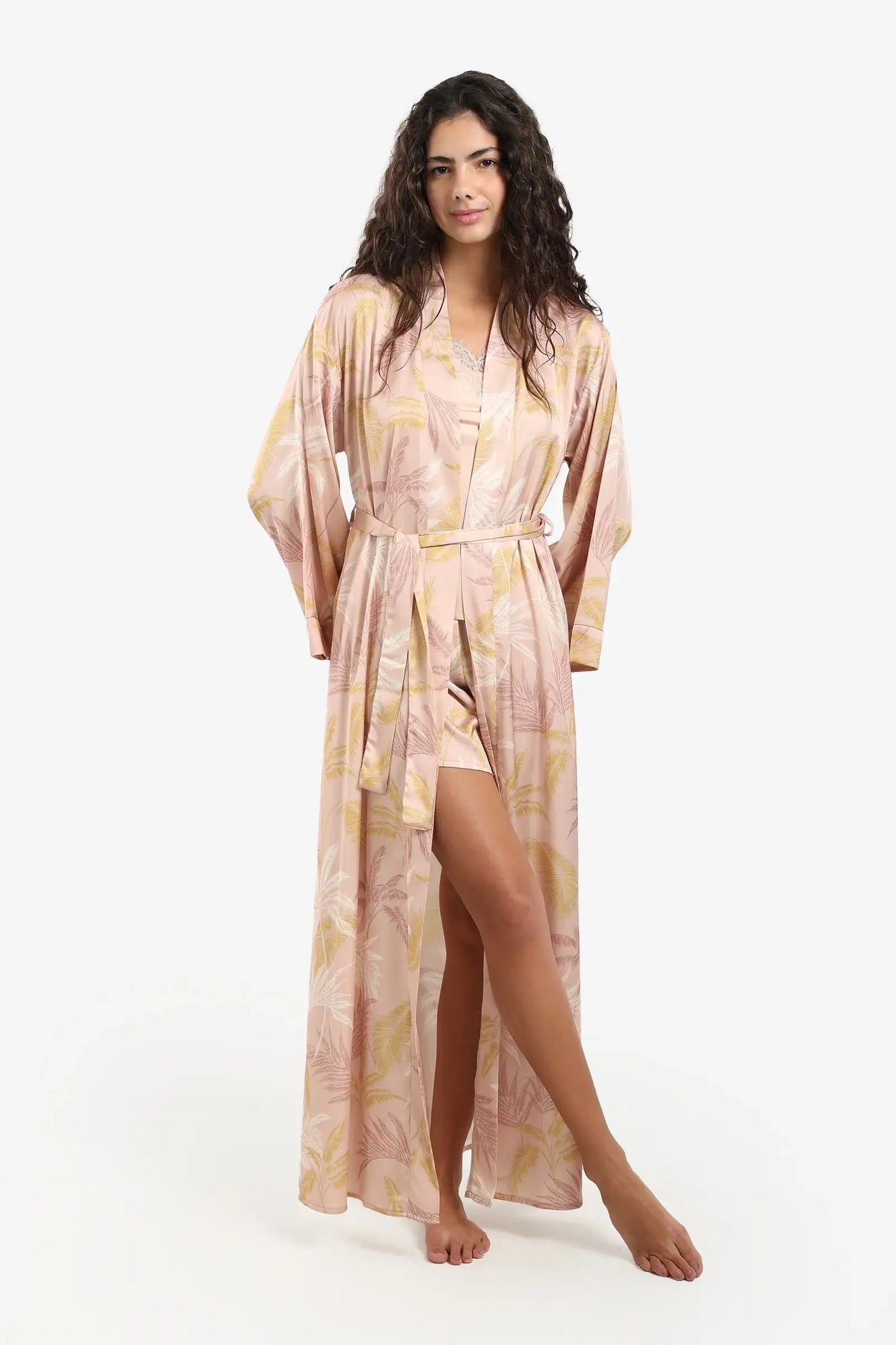 Leaf Print Maxi Satin Robe