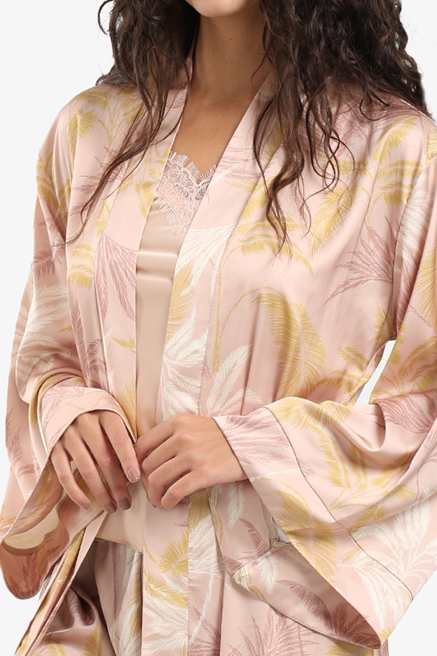 Leaf Print Maxi Satin Robe