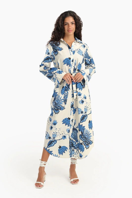 Blue Flowers Print Midi Dress