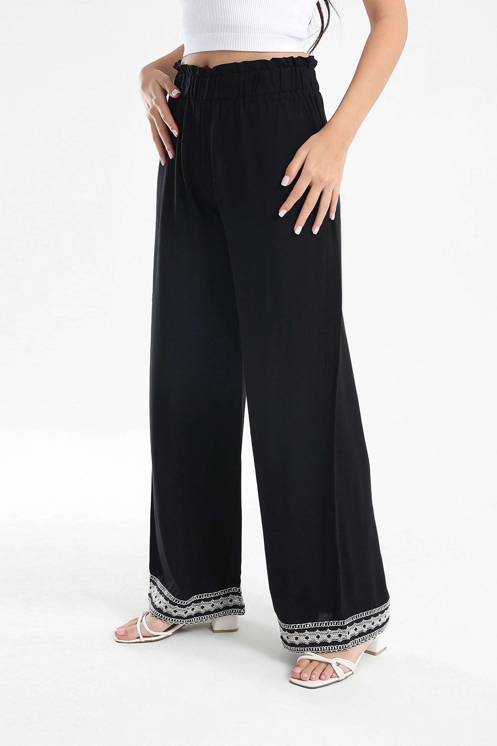 Black Pants with Embroidery Hem - Carina - كارينا