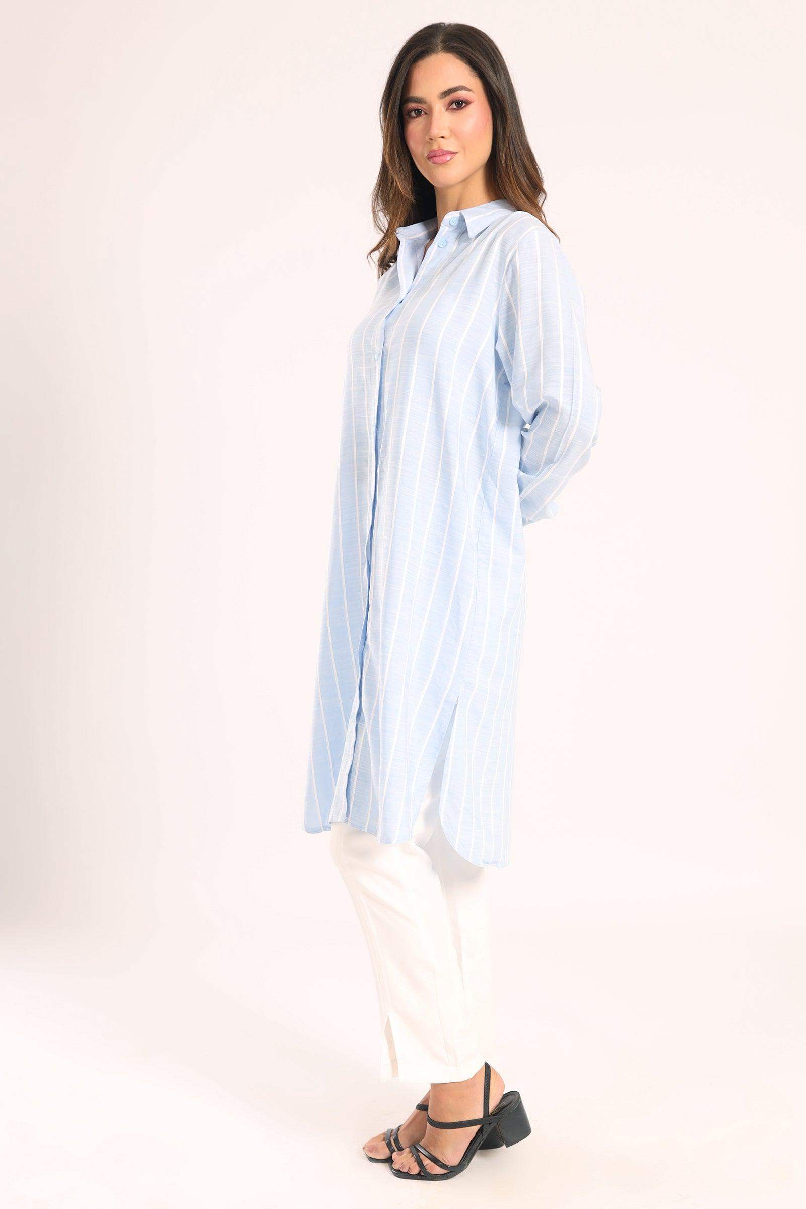 Striped Full Placket Long Shirt - Carina - كارينا