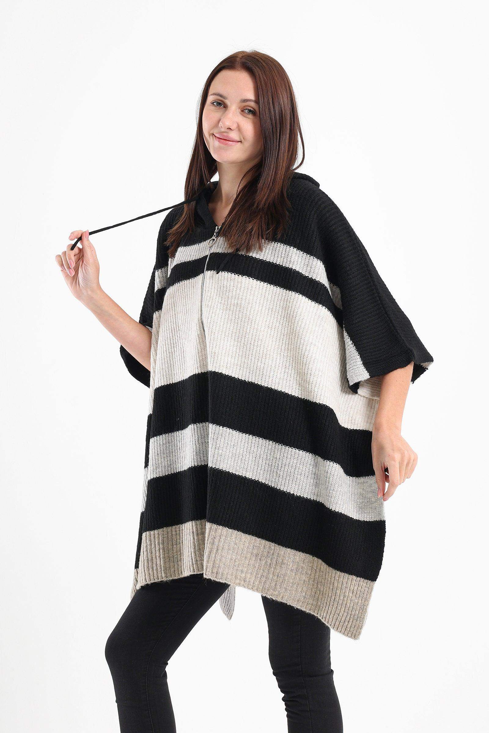 Striped Poncho with Front Zipper - Carina - كارينا