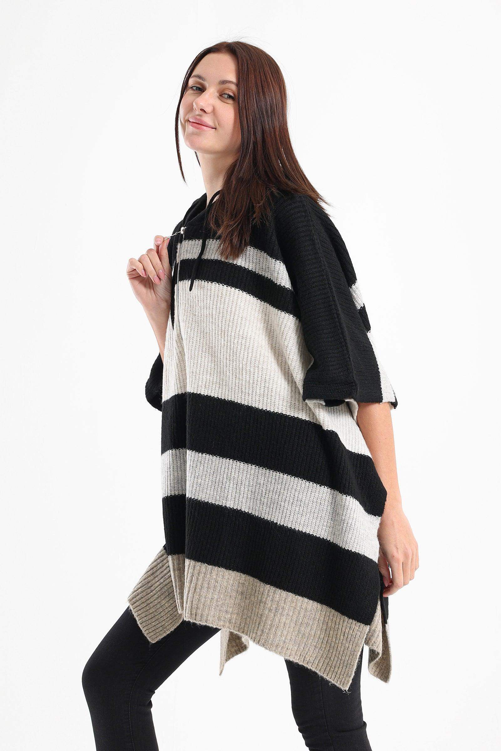 Striped Poncho with Front Zipper - Carina - كارينا