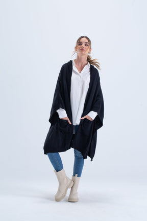 Ribbed Hem Hooded Poncho