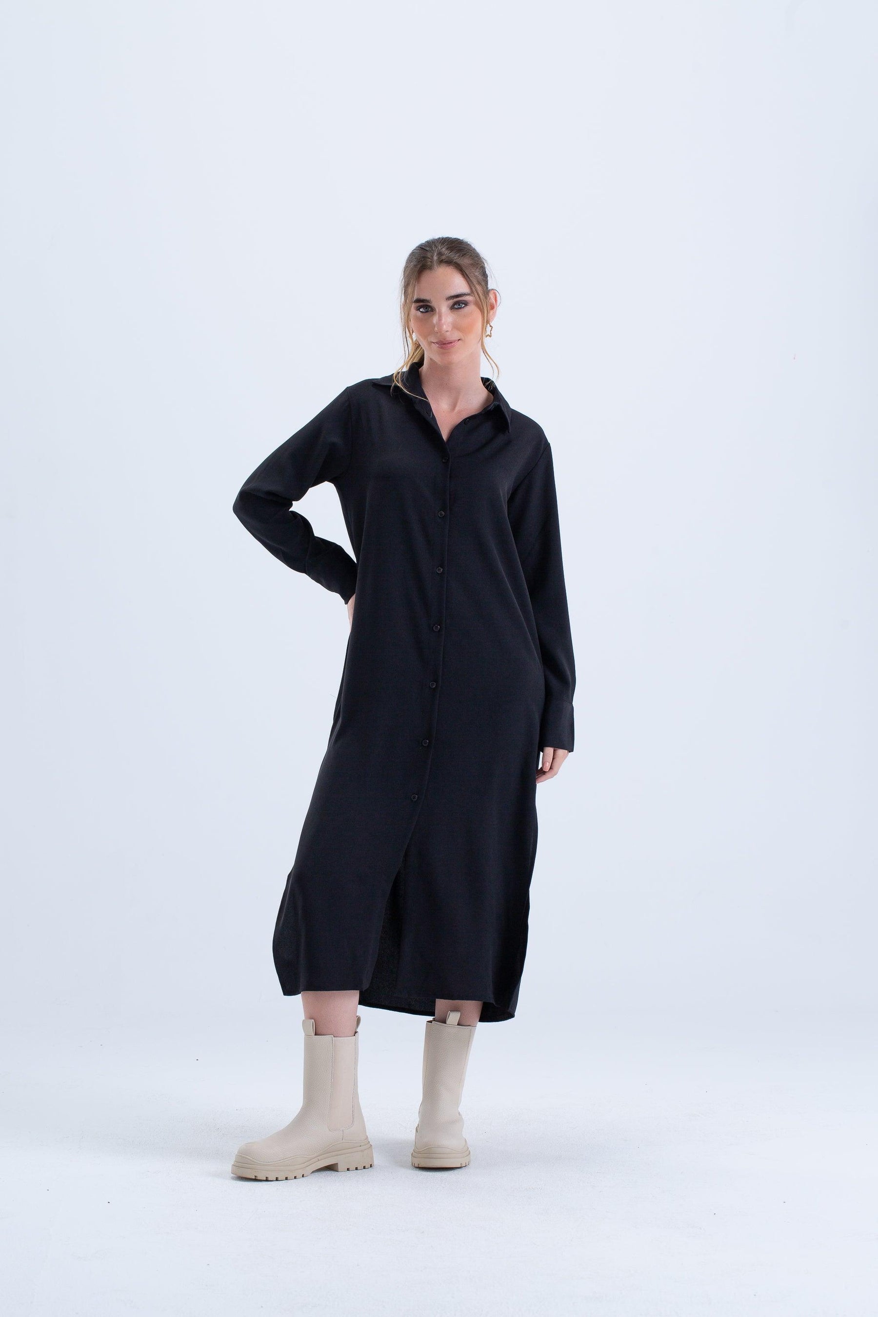 Black Cotton Shirt Dress - Carina - كارينا