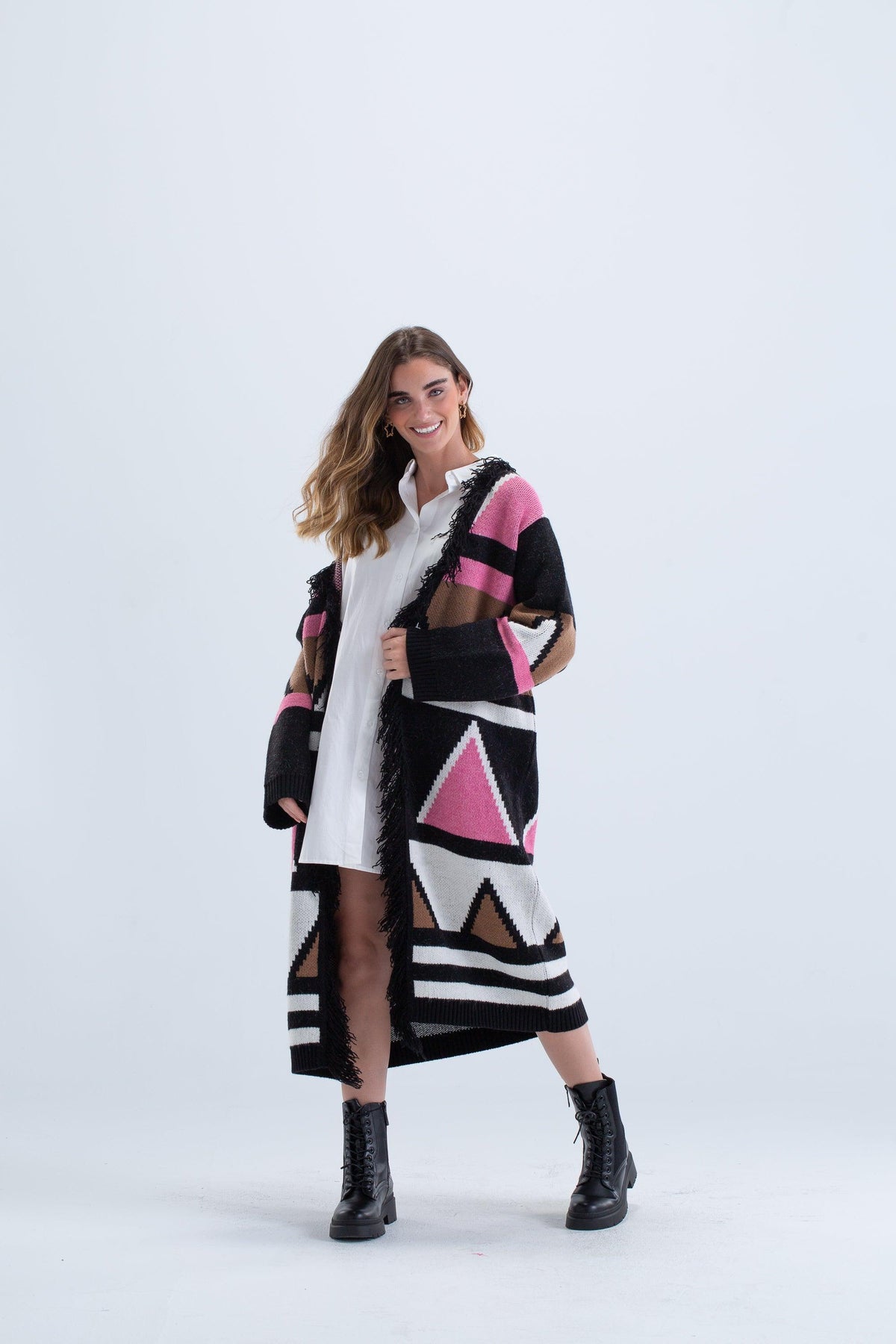 Geometric Pattern Midi Cardigan - Carina - كارينا