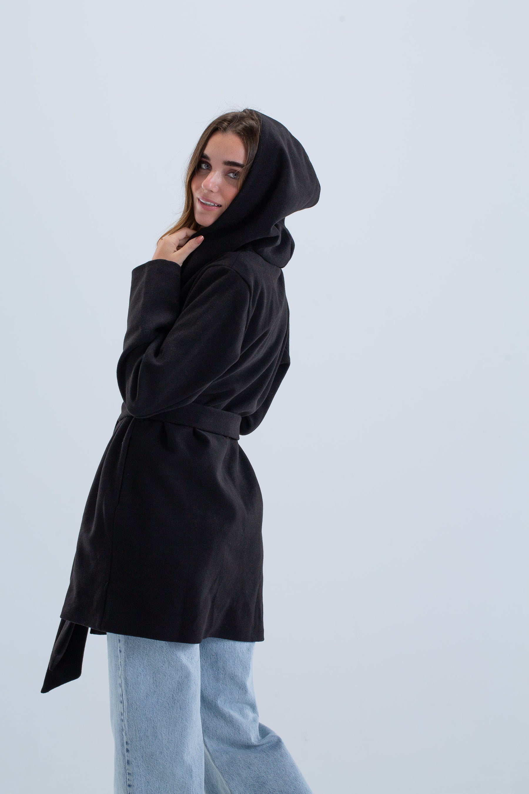 Open Neckline Hooded Coat