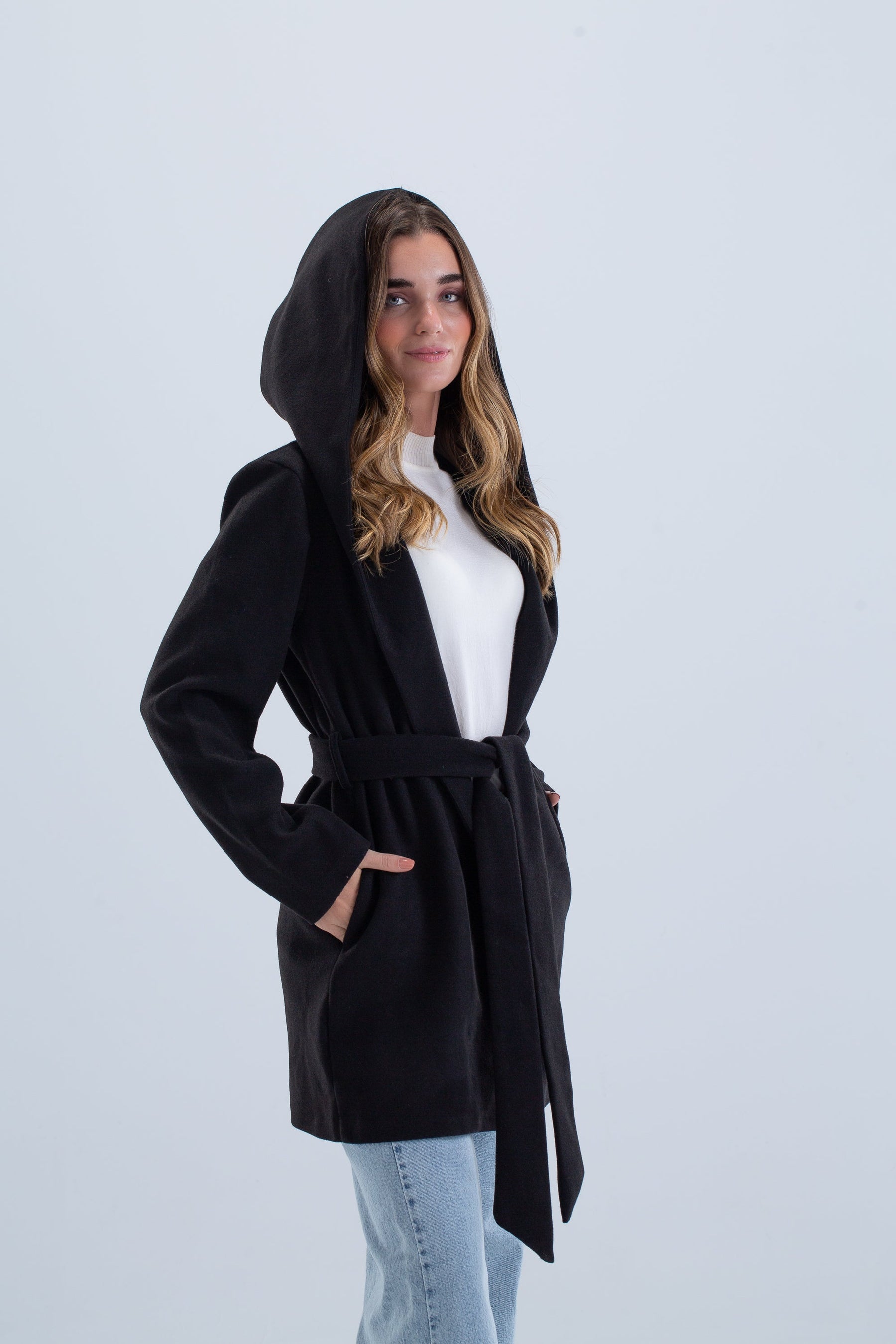 Open Neckline Hooded Coat