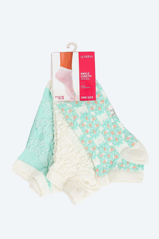 Printed Ankle Length Socks - 3 Pairs - Carina - كارينا