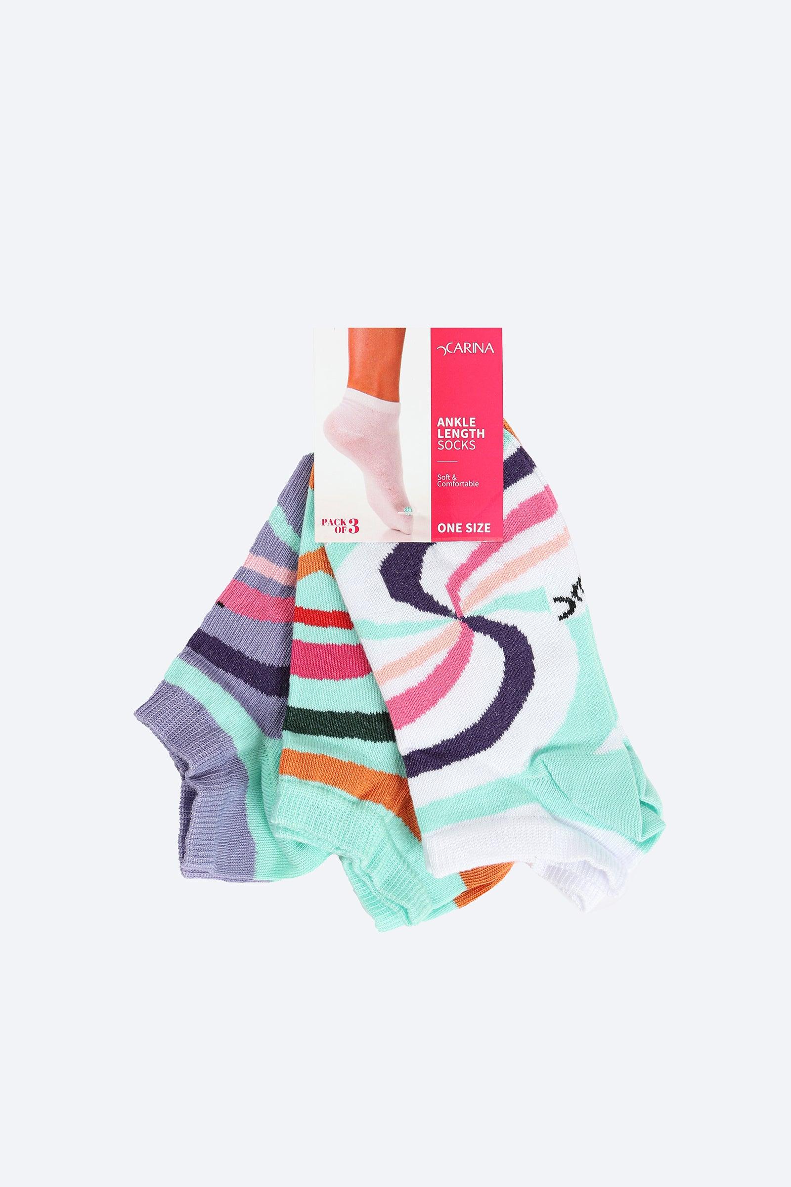 Printed Ankle Length Socks - 3 Pairs - Carina - كارينا